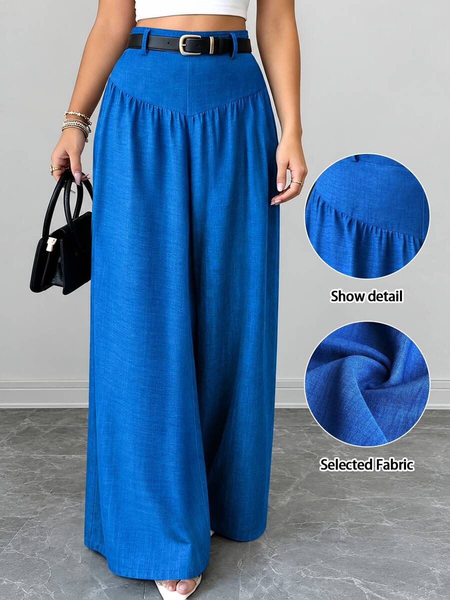 Elenzga Plus Size Women's Navy Blue Elegant Flowy Wide Leg Pants, Textured Fabric, Suitable For Work And Casual Wear, Perfect For Dates, Commuting And Various Occasions - Blue - View 1
