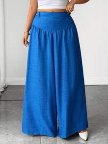 Elenzga Plus Size Women's Navy Blue Elegant Flowy Wide Leg Pants, Textured Fabric, Suitable For Work And Casual Wear, Perfect For Dates, Commuting And Various Occasions - Blue - View 5
