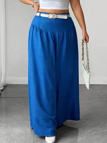 Elenzga Plus Size Women's Navy Blue Elegant Flowy Wide Leg Pants, Textured Fabric, Suitable For Work And Casual Wear, Perfect For Dates, Commuting And Various Occasions - Blue - View 9