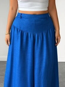 Elenzga Plus Size Women's Navy Blue Elegant Flowy Wide Leg Pants, Textured Fabric, Suitable For Work And Casual Wear, Perfect For Dates, Commuting And Various Occasions - Blue - View 7