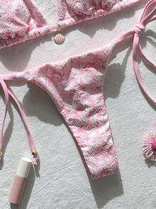 SHEIN Swim 女士提花面料露背金属装饰性感比基尼套装，夏季 - 粉色 - 查看 5