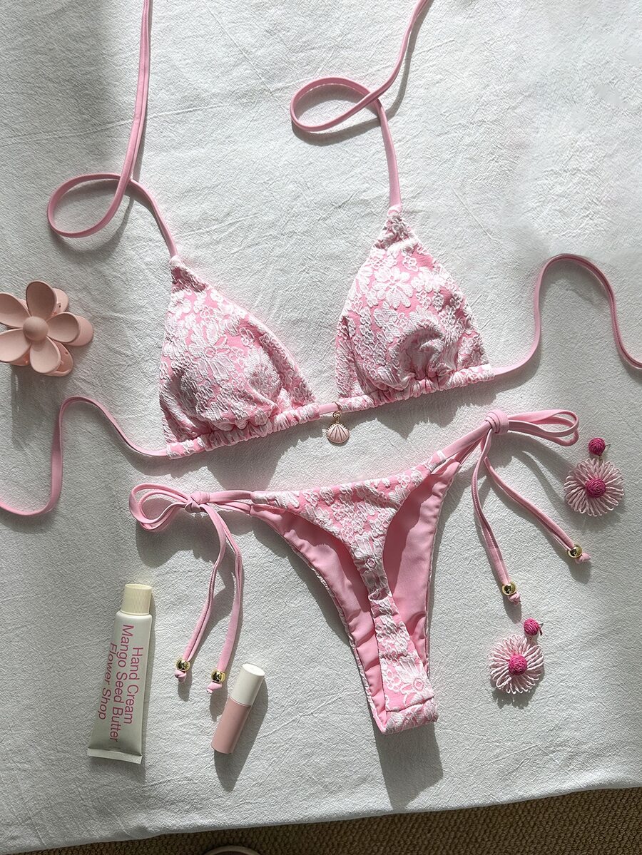 SHEIN Swim 女士提花面料露背金属装饰性感比基尼套装,夏季 - 粉色 - 查看 1