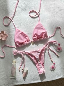 SHEIN Swim 女士提花面料露背金属装饰性感比基尼套装，夏季 - 粉色 - 查看 2