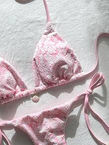 SHEIN Swim 女士提花面料露背金属装饰性感比基尼套装，夏季 - 粉色 - 查看 4