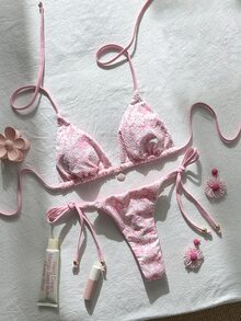 SHEIN Swim 女士提花面料露背金属装饰性感比基尼套装，夏季 - 粉色 - 查看 3