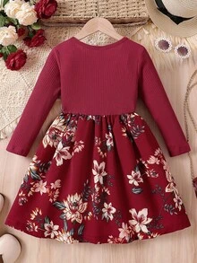 Elladie kids Young Girl' New Printed Long Sleeve Ribbed Waist A-Line Dress Autumn Fall 7th Birthday Wedding Burgundy Princess - Red - View 3