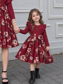 Elladie kids Young Girl' New Printed Long Sleeve Ribbed Waist A-Line Dress Autumn Fall 7th Birthday Wedding Burgundy Princess - Red - View 2