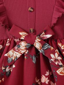 Elladie kids Young Girl' New Printed Long Sleeve Ribbed Waist A-Line Dress Autumn Fall 7th Birthday Wedding Burgundy Princess - Red - View 5