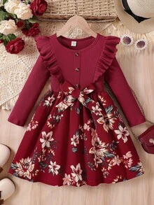 Elladie kids Young Girl' New Printed Long Sleeve Ribbed Waist A-Line Dress Autumn Fall 7th Birthday Wedding Burgundy Princess - Red - View 4