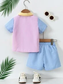 SHEIN Boys' Summer 2-Piece Set: Colorblock Striped Short Sleeve Button-Up Shirt & Matching Shorts, Casual Beach Outfit - Multicolor - View 6