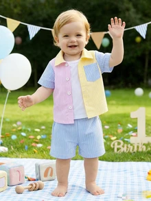 SHEIN Boys' Summer 2-Piece Set: Colorblock Striped Short Sleeve Button-Up Shirt & Matching Shorts, Casual Beach Outfit - Multicolor - View 7