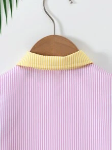 SHEIN Boys' Summer 2-Piece Set: Colorblock Striped Short Sleeve Button-Up Shirt & Matching Shorts, Casual Beach Outfit - Multicolor - View 8