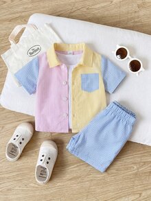 SHEIN Boys' Summer 2-Piece Set: Colorblock Striped Short Sleeve Button-Up Shirt & Matching Shorts, Casual Beach Outfit - Multicolor - View 4