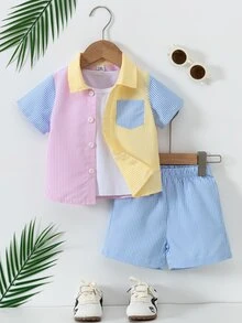 SHEIN Boys' Summer 2-Piece Set: Colorblock Striped Short Sleeve Button-Up Shirt & Matching Shorts, Casual Beach Outfit - Multicolor - View 5