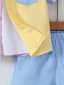 SHEIN Boys' Summer 2-Piece Set: Colorblock Striped Short Sleeve Button-Up Shirt & Matching Shorts, Casual Beach Outfit - Multicolor - View 11