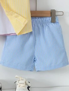 SHEIN Boys' Summer 2-Piece Set: Colorblock Striped Short Sleeve Button-Up Shirt & Matching Shorts, Casual Beach Outfit - Multicolor - View 10