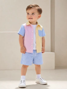 SHEIN Boys' Summer 2-Piece Set: Colorblock Striped Short Sleeve Button-Up Shirt & Matching Shorts, Casual Beach Outfit - Multicolor - View 2