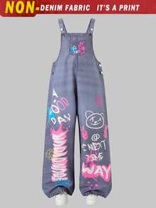 Celana Overall Kasual Gaya Retro Amerika dengan Motif Patchwork, Motif Grafiti Jalanan, Potongan Longgar, Potongan Lurus, dan Potongan Santai untuk Musim Gugur dan Musim Dingin, Pakaian Musim Gugur - MultiWarna - View 5