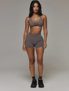 Musera Sport Ruched Front Halterneck Sports Bra With High Rise Seamless Logo Back Scrunch Bum Mini Shorts Sold As Set Sport Essentials Basics Autumn Fall Winter - Grey - View 3
