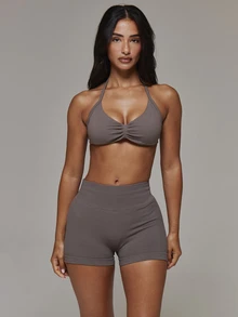 Musera Sport Ruched Front Halterneck Sports Bra With High Rise Seamless Logo Back Scrunch Bum Mini Shorts Sold As Set Sport Essentials Basics Autumn Fall Winter - Grey - View 2