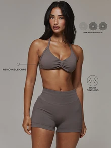 Musera Sport Ruched Front Halterneck Sports Bra With High Rise Seamless Logo Back Scrunch Bum Mini Shorts Sold As Set Sport Essentials Basics Autumn Fall Winter - Grey - View 1
