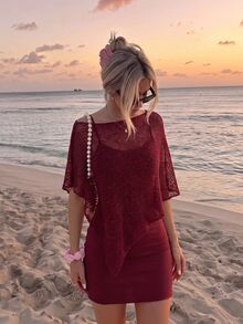 SHEIN MOD Women's Solid Color Spaghetti Strap Dress And Asymmetrical Shoulder Top Casual 2 Pieces Set - Burgundy - View 1