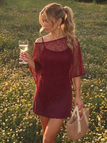 SHEIN MOD Women's Solid Color Spaghetti Strap Dress And Asymmetrical Shoulder Top Casual 2 Pieces Set - Burgundy - View 3
