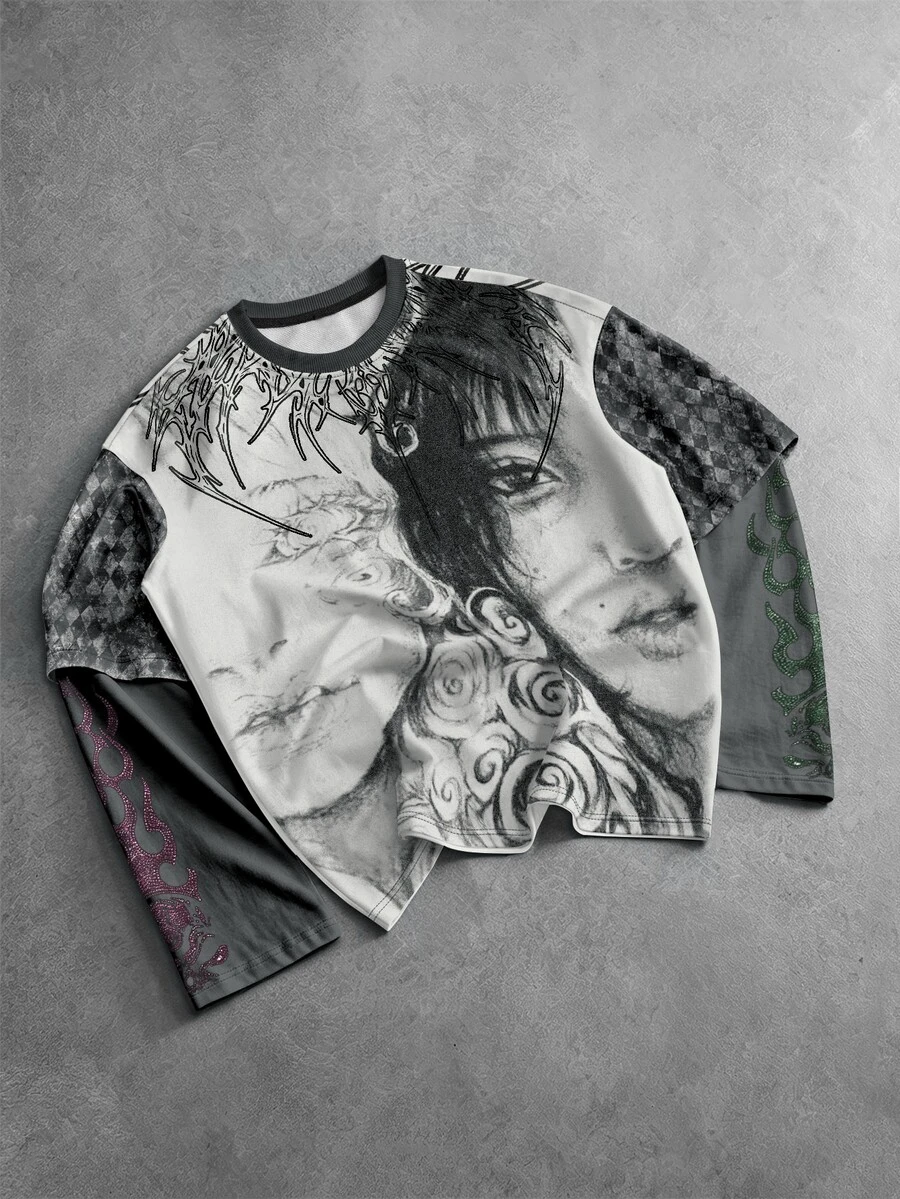 ROMWE MEN Street Life Men's Character Print 2 In 1 Long Sleeve Casual T-Shirt - Multicolor - View 1