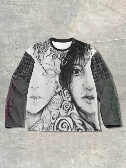 Street Life Camiseta casual de manga larga 2 en 1 con estampado de personajes para hombre