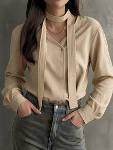 DAZY Women's Solid Color Casual Smart Casual Elegant Versatile Daily Wear Shirt Autumn Business Casual Office Brunch Beige - Green - View 1