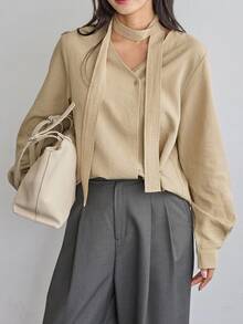 DAZY Women's Solid Color Casual Smart Casual Elegant Versatile Daily Wear Shirt Autumn Business Casual Office Brunch Beige - Green - View 7