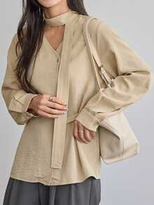 DAZY Women's Solid Color Casual Smart Casual Elegant Versatile Daily Wear Shirt Autumn Business Casual Office Brunch Beige - Green - View 5