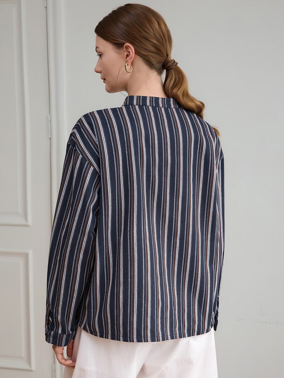 Women's Loose Casual Cotton Long Sleeve Blue Solid Color Button-Up Shirt With Collar Fall Business Casual Woman