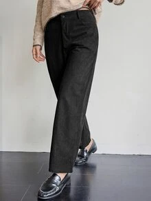 DAZY High Waist Plain Black Solid Color Loose Straight Leg Wide Leg Casual Commute Women's Long Pants Fall Business Work School - Black - View 6