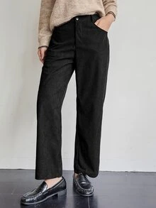 DAZY High Waist Plain Black Solid Color Loose Straight Leg Wide Leg Casual Commute Women's Long Pants Fall Business Work School - Black - View 4