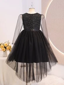 SHEIN New Year Party Dress Tween Girls Elegant Glamorous Fall Black Tulle Fitted Formal Dress Evening - Black - View 2