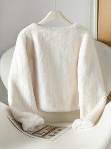 Tween Girl Autumn/Winter Elegant Glamorous Round Neck Faux Pearl Button Plush Jacket - White - View 7
