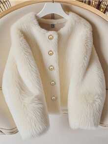 Tween Girl Autumn/Winter Elegant Glamorous Round Neck Faux Pearl Button Plush Jacket - White - View 4