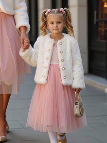 Tween Girl Autumn/Winter Elegant Glamorous Round Neck Faux Pearl Button Plush Jacket - White - View 3