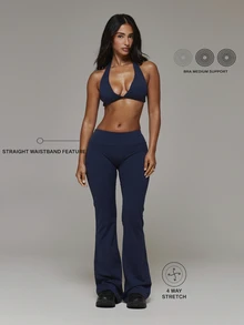 Musera Sport Set Bra Olahraga Deep V Plunge Halterneck Punggung Terbuka dengan Celana Yoga Flare Pas Badan Pinggang Rendah, Perlengkapan Dasar Olahraga untuk Musim Gugur dan Musim Dingin - Navy Blue - View 1