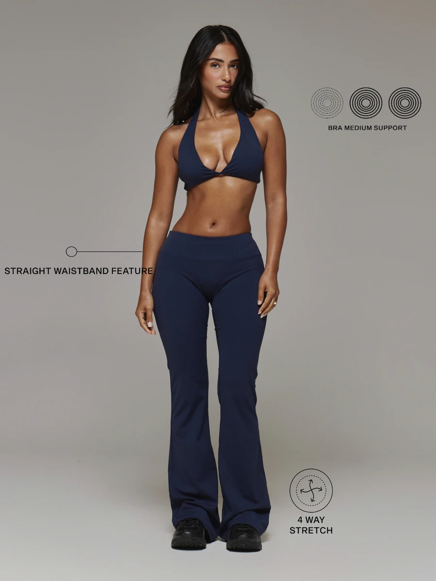 Musera Sport Set Bra Olahraga Deep V Plunge Halterneck Punggung Terbuka dengan Celana Yoga Flare Pas Badan Pinggang Rendah, Perlengkapan Dasar Olahraga untuk Musim Gugur dan Musim Dingin - Navy Blue - View 1
