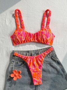 Swim Mod Women's Random Print Ruched High Cut Sexy Bikini Set, Summer - Multicolor - View 1