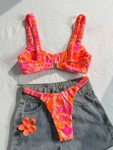 Swim Mod Women's Random Print Ruched High Cut Sexy Bikini Set, Summer - Multicolor - View 2