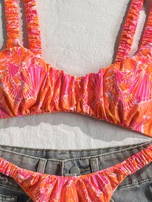 Swim Mod Women's Random Print Ruched High Cut Sexy Bikini Set, Summer - Multicolor - View 5