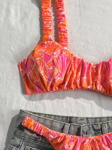 Swim Mod Women's Random Print Ruched High Cut Sexy Bikini Set, Summer - Multicolor - View 3