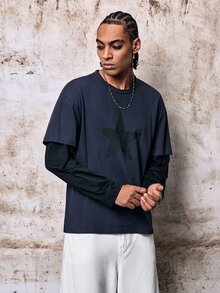 Skyrend Men's Printed 2 In 1 Long Sleeve T-Shirt Grunge - Blue - View 4