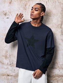 Skyrend Men's Printed 2 In 1 Long Sleeve T-Shirt Grunge - Blue - View 5