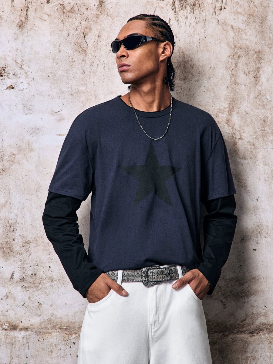 Skyrend Men's Printed 2 In 1 Long Sleeve T-Shirt Grunge - Blue - View 1
