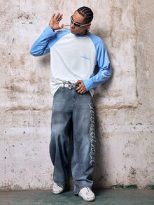 Skyrend Áo thun nam tay dài cổ tròn, phối màu đen trắng, tay raglan, in chữ tiếng Anh viết tay, dáng rộng phong cách grunge - Nhiều màu - Xem 7