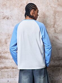 Skyrend Áo thun nam tay dài cổ tròn, phối màu đen trắng, tay raglan, in chữ tiếng Anh viết tay, dáng rộng phong cách grunge - Nhiều màu - Xem 2